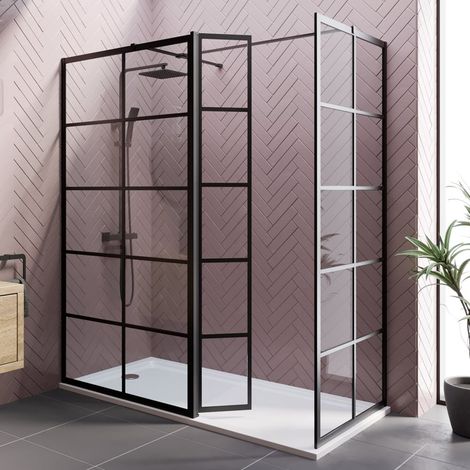 Aquari Grid Wet Room Screen Walk In Shower Enclosure Matt Black 1000mm & 900mm with 300mm Hinged Return Panel 8mm Toughened Glass (1/5)