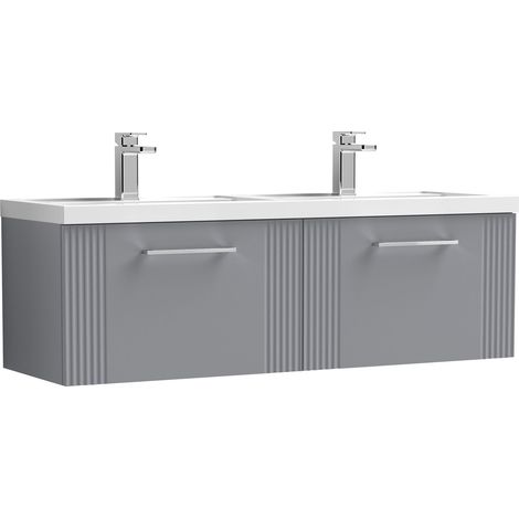 Belvide Partial Fluted 2 Drawer Wall Hung Vanity Unit with Double Polymarble Basin - 1200mm - Satin Grey (1/4)