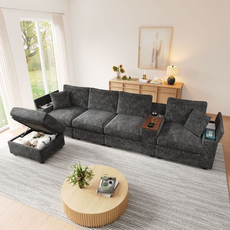 Canapé d'angle en L avec pouf,ports USB/Type-C,porte-gobelets,table basse pivotante à 360°,rangement dans les accoudoirs,canapé 5 places,gris (1/5)