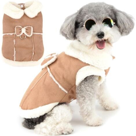 Manteau d'hiver en polaire pour chien et chat de petite taille avec anneau en D et nœud décoratif - Gilet en polaire pour chiot - Doux et chaud - Coupe-vent - Pour temps froid (1/5)