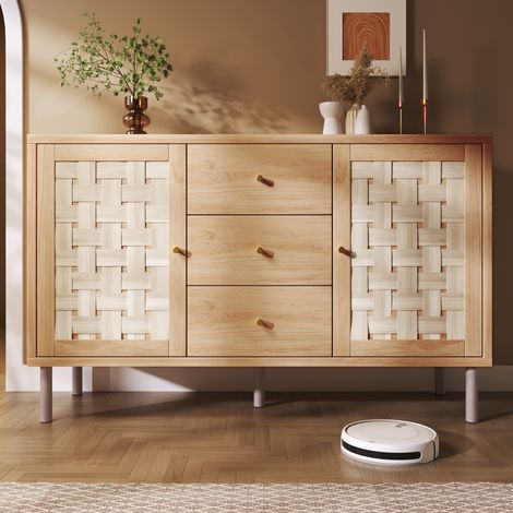 Buffet en bois en rotin 120 x 40 x 75 cm Commode avec 3 tiroirs et 2 portes étagères réglables dispositif anti-basculement Chêne (1/5)