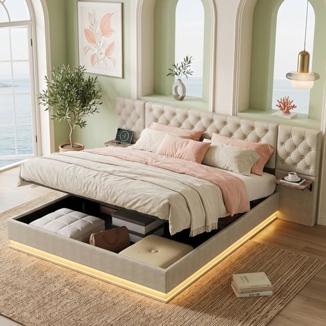 Lit Coffre 160x200 Lin Beige - Tête de Lit Capitonnée Connectée (Charge Sans Fil & LED), Étagères - Sommier Inclus, Lit Double capitonné, Moderne (1/5)