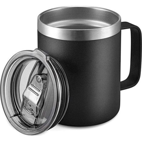 Tazza termica da 350 ml in acciaio inox con manico, tazza da viaggio a doppia parete sottovuoto con coperchio scorrevole, nera (1/5)