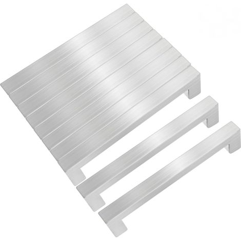 Juego de 10 tiradores cuadrados de acero inoxidable para armarios de cocina, con una distancia entre orificios de 96 mm, acabado en plata cepillada. (1/4)