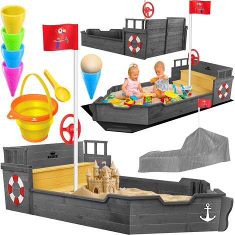 KIDIZ® Sandkasten Ahoi - Piratenschiff Boot Segelschiff aus Holz Inkl. Abdeckung   Bodenplane   Sitzbank   Flaggenmast   Sandspielzeug   Anthrazit (1/5)