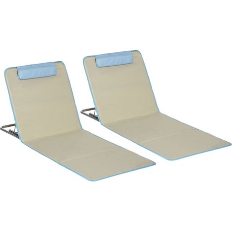 Tapis de plage, lot de 2, transat de plage pliable avec appui-tête, matelas de plage réglable en hauteur sur 5 niveaux avec sac de transport, acier, beige, 134 x 48 x 33-43 cm (1/5)
