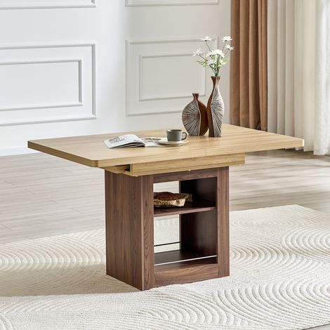 REDOM Mesa de comedor extensible, 2 tamaños, 2 estantes abiertos, guías silenciosas, MDF, madera natural y nogal