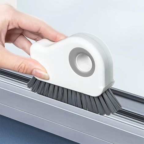 Lot de 2 brosses de nettoyage de rainures 2 en 1 (grises) - avec grattoir intégré, pour le nettoyage des rails de fenêtres et des joints de stores.