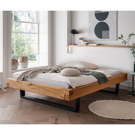 Massivholz Doppelbett, 200x200 cm, Eiche massiv, ohne Kopfteil, schwarze Metallkufen, UPPSALA-137, B/H/T ca. 218/42/228 cm (1/2)