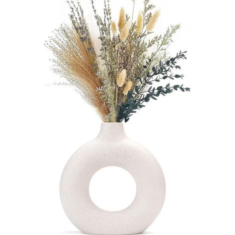 Vase pour herbes de la pampa et fleurs séchées, vase donut en céramique, forme ronde, vase moderne décoratif pour salon ou bureau, beige (1/5)