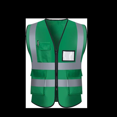 Gilet de Sécurité Haute Visibilité Chantier BTP - 8 Pièces, Veste Réfléchissante Tricotée avec Multiples Poches, Vert Herbe, pour Construction, Assainissement et Paysagisme-lsw