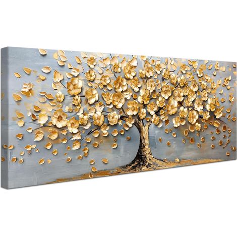Cadre en Bois Impression sur Toile Peinture Arbre de Vie Abstrait Tableau Affiche Decoration Murale Fleurs Dorées Feuilles Image sur Toile Grande Tableau Decoration Murale Salon Chambre 50x120cm (1/5)