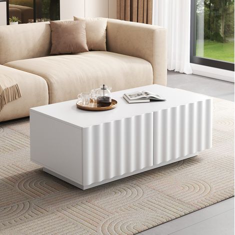 Tavolino da caffè 100x50x40 cm bianco in MDF e pannelli truciolari con 2 cassetti e frontale effetto onda (1/5)
