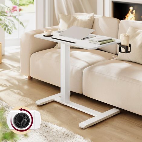 Bureau Assis-Debout sur roulettes, Table Mobile Réglable en Hauteur, Plateau de 70 x 40 cm, 2 Porte-gobelets, Fente Porte-Téléphone ou Tablette, Blanc Nuage LSD600W01 (1/5)