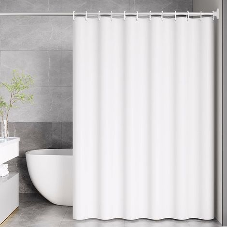 Rideau de douche imperméable blanc 180x200cm en tissu hydrofuge avec œillets métalliques et crochets offerts - Pour salle de bain (1/4)