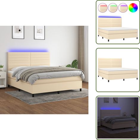 The Living Store Boxspringbett mit Matratze & LED Creme 180x200 cm Stoff - Matratze