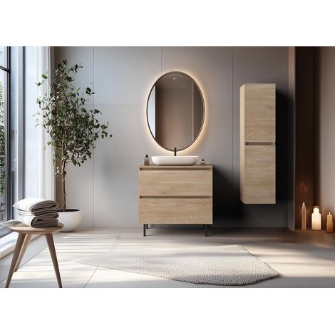 Mobile da bagno 80 cm con piano di lavoro superiore + piedini per mobili, Colore: Rovere Chiaro, 80 x 46 x 80,7 cm (1/5)