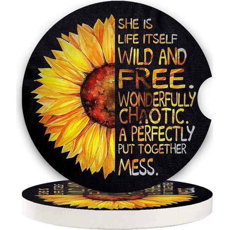 Juego de 5 posavasos de cerámica absorbentes – 6,5 cm de diámetro, mantienen limpios los portavasos (diseño de medio girasol) (1/5)