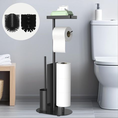 Porte-Papier Toilette sur Pied avec Brosse et Etagere, Support Papier Toilette sans Percage (1/5)