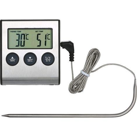 Termómetro digital LCD para barbacoa de 0 a 250 °C con alarma y temporizador, ideal para usar en la cocina al asar filetes o carne a la parrilla. (1/4)