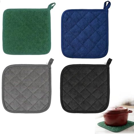 Lot de 4 Maniques Cuisine, Résistants à la Chaleur Jusqu’à 550℉ / 288℃, Dessous de Plat Isolants en Coton Épais 18 x 18 cm, pour Cuisine et Table, Noir, Gris, Vert, Bleu Marine (1/5)