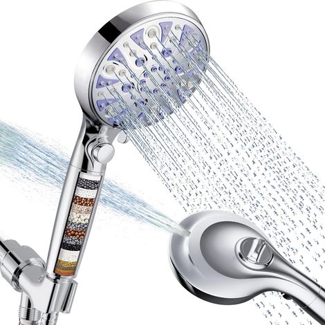 Abnehmbarer Hochdruck-Duschkopf mit 10 Strahlarten und Handbrause, Duschkopf mit Ein-/Ausschalter und Pausenfunktion, 15-stufiger Wasserenthärter mit Filter zur Chlorentfernung bei hartem Wasser, erfü (1/5)