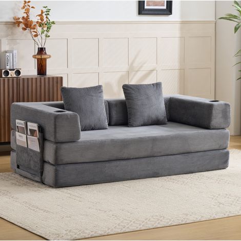 Canapé Lit convertible pliable avec accoudoirs rabattables, porte-gobelet et poche latérale, velours côtelé - gris foncé (1/5)