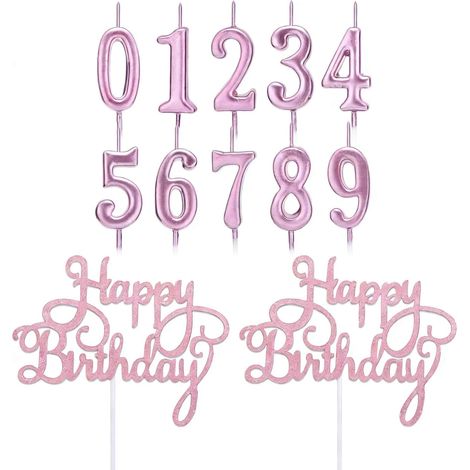 12-piece birthday candle set, number candles, cake toppers for ages 0-9, 2 cake decorations with "Happy Birthday" letters, Birthday Cake (Pink) (1/5)