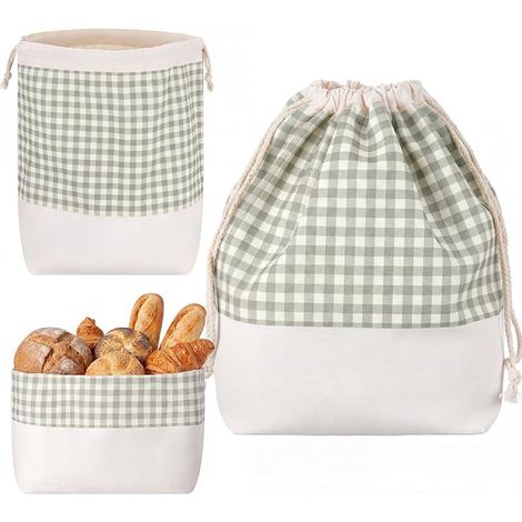 Bread Bag Cotton Reusable Bread Basket Cotton Bag Drawstring Printed Green Square Check (1/5)