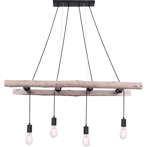 Globo – Lampe à suspendre rétro en bois – 4 flammes E27 – Dimensions 115x30x192 cm – Pour salle à manger – Câbles noirs inclus (1/5)