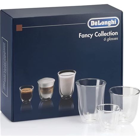 Delonghi – Lot de 6 verres thermiques pour cafetière – 2x verres à expresso 60ml – 2x verres à cappuccino 190ml – 2x verres à latte macchiato 220ml
