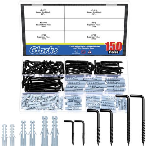 150pcs M2.8/3.7/3.8 Noir L en forme de vis en crochets avec kit de boucle de sécurité, inclure 75pcs crochet à angle droit 75pcs tube d'expansion en plastique, crochet auto-robinage carré (1/5)