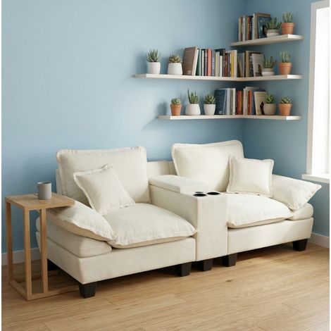 Canapé modulable 224x82x90 cm beige en chenille avec ottomane, rangements, ports USB et porte-gobelets (1/5)