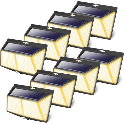 [8er-Pack 308 LED Solar-Außenleuchten, Solar-Außenleuchten mit Bewegungsmelder, 3 Modi, kabellose Solarstrahler für Garten und Garage, warmweiß]