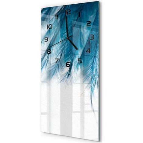 Horloge Murale Verticale Chiffres Lisibles Verre Trempé Sans Tic-Tac Plumes bleues 30x60 cm (1/5)