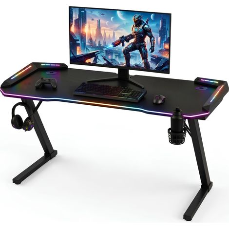 Scrivania Gaming 120cm LED RGB Nera Desk PC da Gioco Porta Bicchiere e Cuffie (1/5)