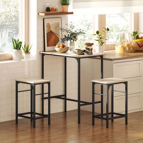 Table de bar 3 pièces avec 2 tabourets coussins antidérapants,structure bois naturel adaptée pour cuisine et salle à manger.