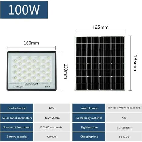 (128 LED 100 W) Lampes solaires d'extérieur 500 W avec réflecteur LED pour jardin, abris de jardin, éclairage solaire, étanche IP67, projecteur, éclairage de secours, appliques murales (1/5)