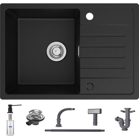 Lavello da cucina con gocciolatoio nero 65 x 45 cm lavello sottotop due direzioni di installazione + dispenser sapone 300 ml nero (1/5)