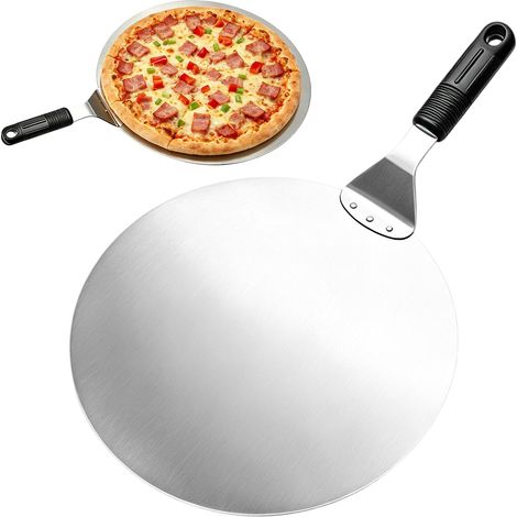 Pelle à Pizza Ronde en INOX avec Manche Anti-Chaude Anti-Dérapan 10 Pouce, Idéal pour Les Gâteaux, Pizzas, Tartes, Argenté (1/5)