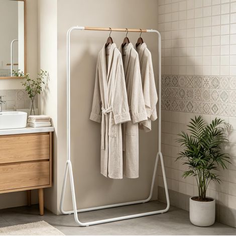 Appendiabiti da terra multifunzione in metallo bianco con barra superiore in legno 80 x 45 x 145 cm (1/5)