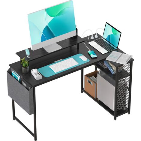 L-förmiger Eck-Gaming-Schreibtisch (100 x 70 x 75 cm) mit Monitorablage, Steckdose und USB-Anschluss, Schwarze Holzmaserung