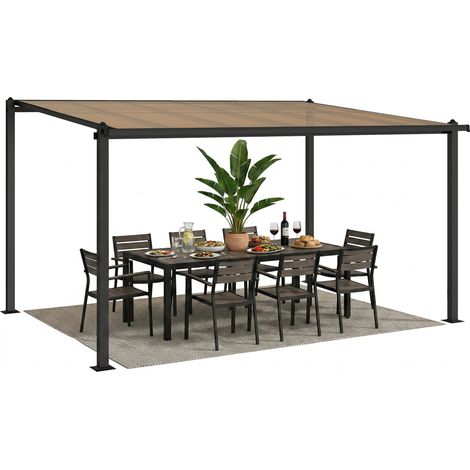 Pergola adossée 3,8x3 m toit polycarbonate cadre aluminium gouttières intégrées gris foncé