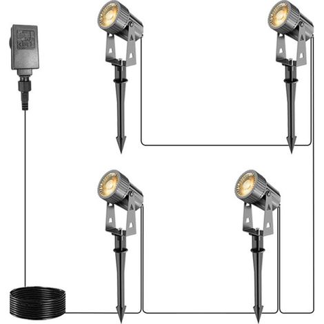 Lot de 4 Spots Paysagers Basse Tension - IP65 Étanche - Éclairage Jardin, Allée avec Piquet et Prise - pour Pelouse, Patio (1/5)