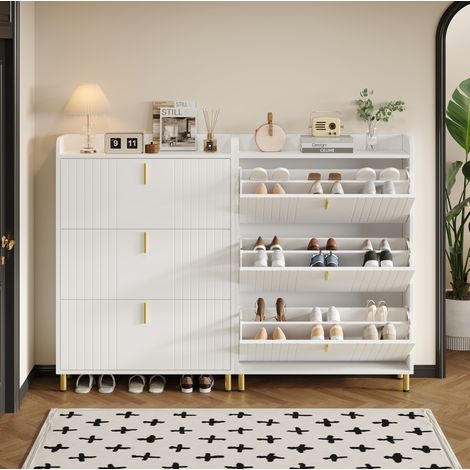 Zapatero con 3 abattibles, 6 compartimentos, estantes ajustables, blanco mate, set de 2 OKMYHOME (1/5)