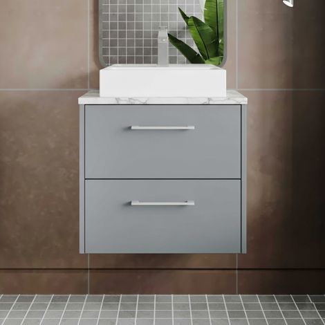 Hudson Reed Juno Wall Hung 2-Drawer Vanity Unit with Carrera Marble Worktop 600mm Wide - Coastal Grey (1/4)