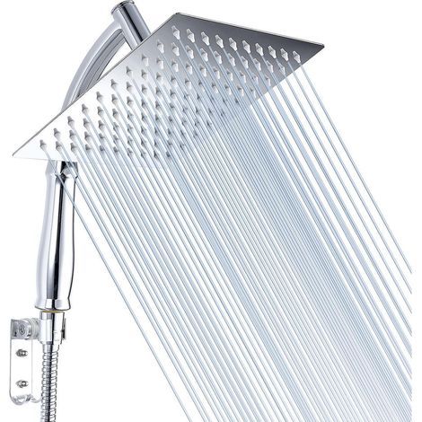 Ensemble Douche Pluie et Douchette Haute Pression Carré 20cm Inox Chrome (1/5)