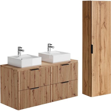 Vente-Unique – Meuble sous vasque suspendu strié 120 cm – Colonne à suspendre en mdf naturel clair – Vasque à poser en céramique blanche – Étagère 3 niveaux
