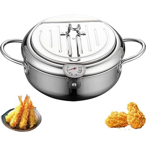 Marmite Tempura japonaise en acier inoxydable, marmite à friteuse de 4.2L avec thermomètre et égouttoir à huile, pour frites de cuisine, poulet 4.2L