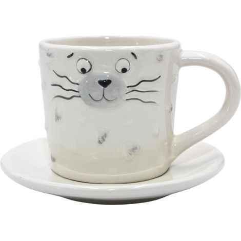 Tasse à café en Porcelaine, Tasse avec Soucoupe/Assiette avec Visage de Chat, Hauteur Totale 8 cm, capacité env. 150 ML (1/5)